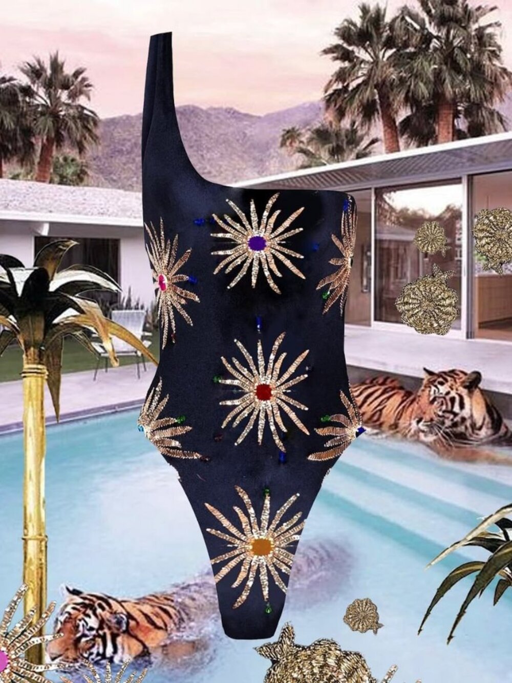 One-Shoulder Black Embellished Sunburst One-Piece Swimsuit - Picture 1 of 7